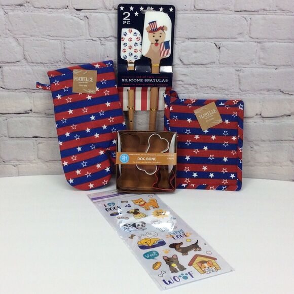 Patriotic Dog Kitchen Set Spatulas/Oven Mitt/Pot Holder/Cookie Cutters/Stickers - Picture 1 of 12